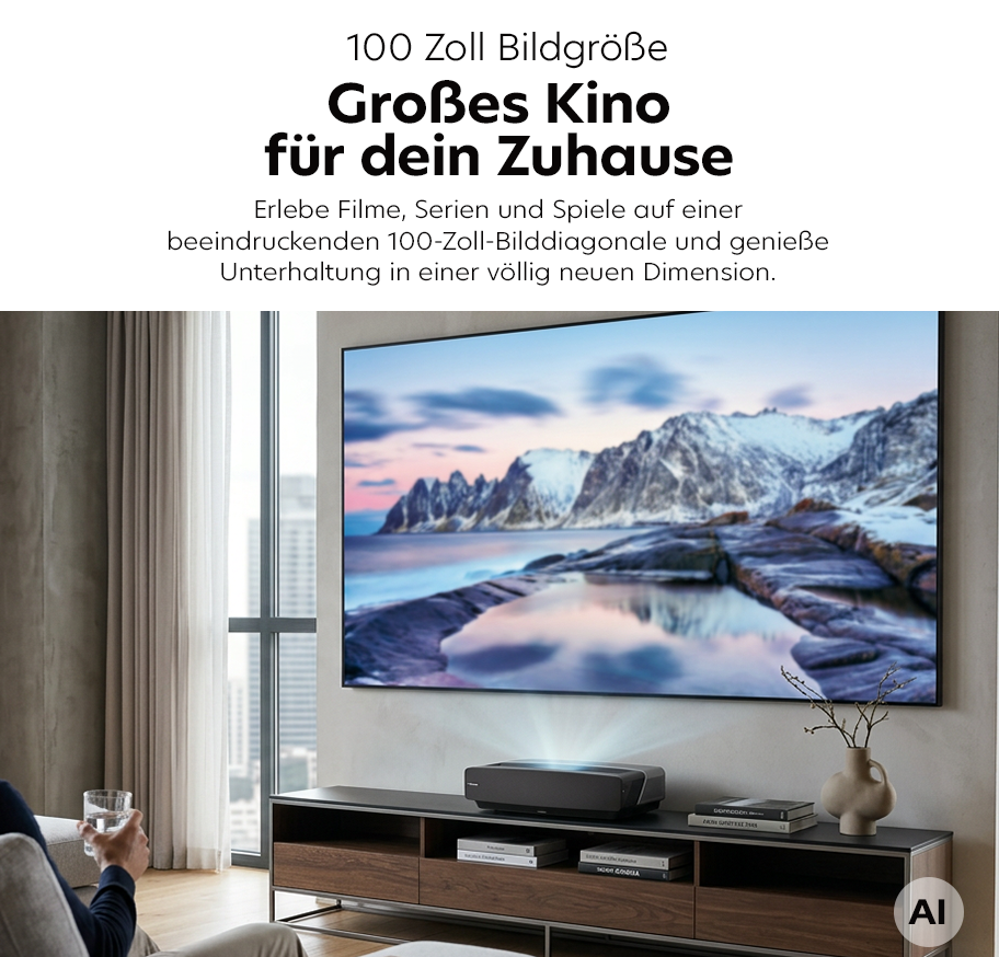 Feature Banner, Wohnzimmer mit großem Wandbildschirm über einem Sideboard, auf dem ein Projektor steht, und einer Person mit Glas in der Hand auf einem Sessel sitzend.