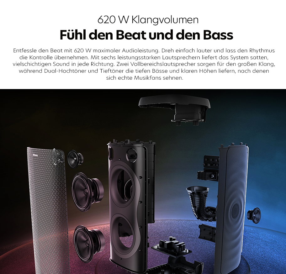 Feature-Banner, Lautsprecher mit sichtbaren Membranen, Gehäuseteilen und elektronischen Komponenten vor dunklem Hintergrund.'