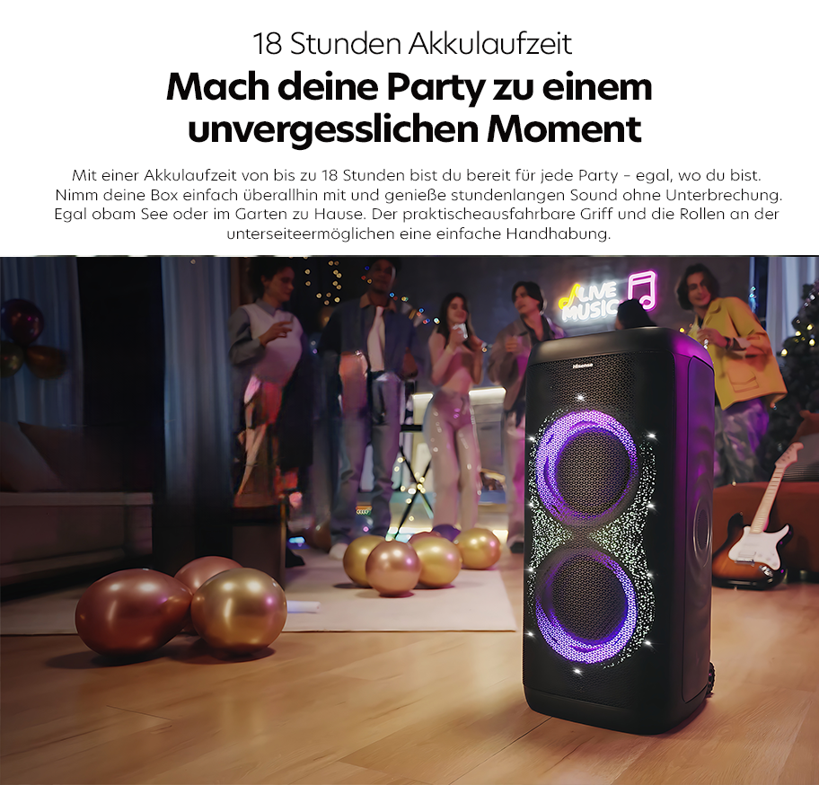 Feature-Banner,Schwarzer Lautsprecher mit lila beleuchteten Lautsprechern steht auf Holzboden, im Hintergrund feiern Menschen, goldene Luftballons liegen auf dem Boden.'