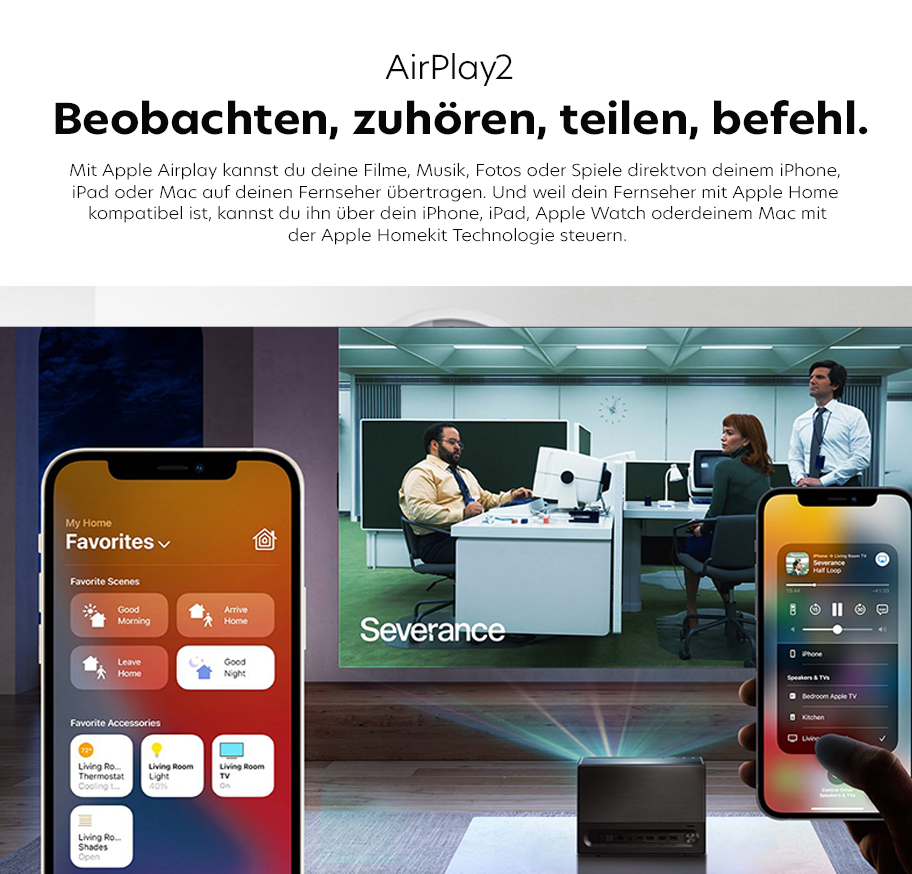 Feature-Banner,Smartphone mit Apple Home-App zeigt Favoriten und Zubehör. Büro mit drei Personen, zwei sitzen, eine steht. Bildschirm zeigt Szene aus Serie 'Severance'. Zweites Smartphone steuert Medienwiedergabe.'