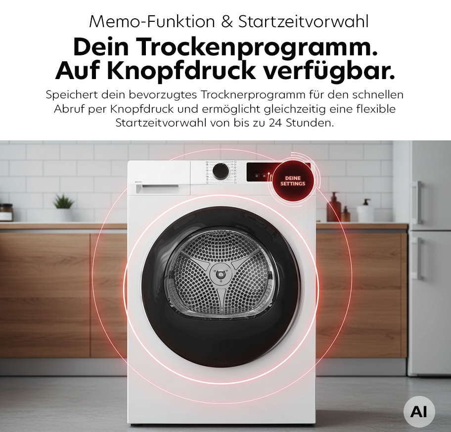 Feature Banner, Frontansicht einer weißen Waschmaschine mit hervorgehobener Bedienblende und Text zur Memo-Funktion und Startzeitvorwahl.