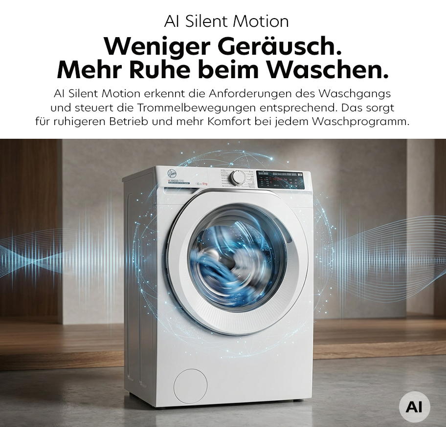 Feature Banner, Moderne Waschmaschine mit digitaler Anzeige steht in hellem Raum, umgeben von stilisierten, leuchtenden Wellenlinien, die Bewegung und Ruhe symbolisieren.