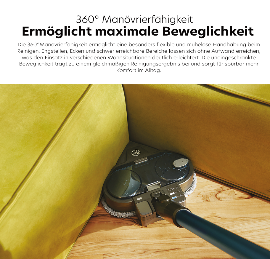 Feature-Banner, Staubsauger hat 360 grad Manövrierfähigkeit und kommt perfekt in jede Ecke.'