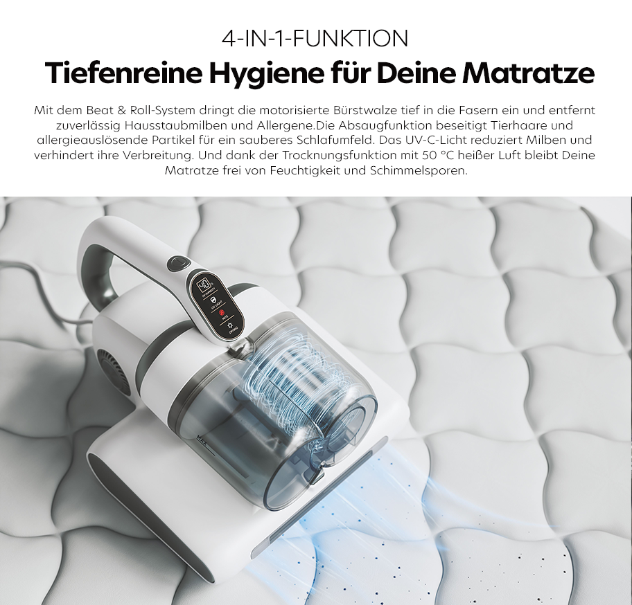 Feature-Banner, Handstaubsauger mit transparentem Staubbehälter und digitaler Anzeige saugt Staub von weißer Matratze mit gewellter Oberfläche.'