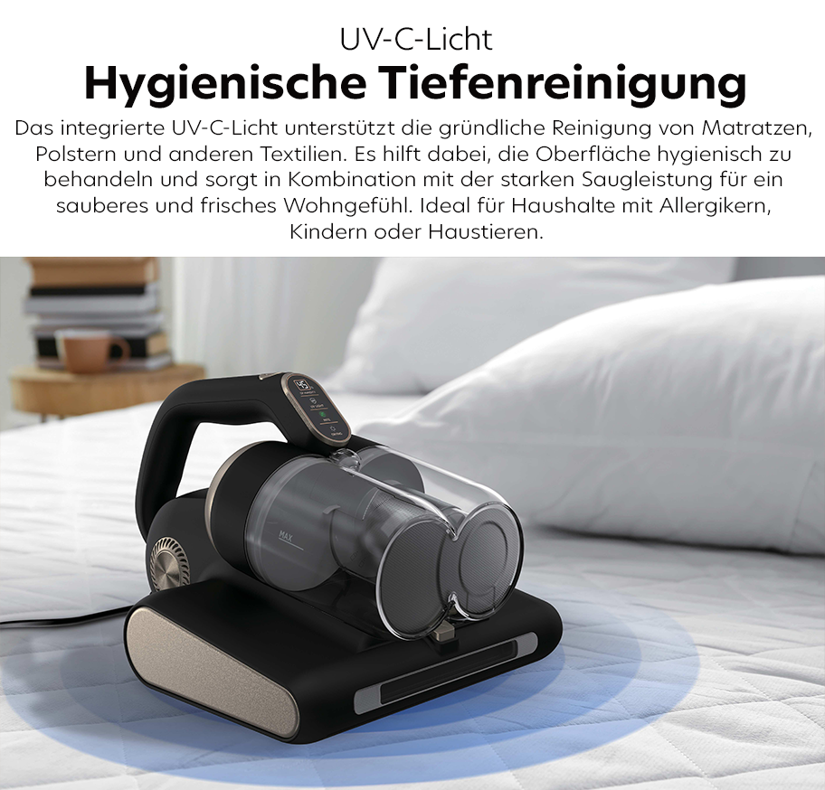 Feature-Banner, Kompakter Hoover-Milbenreiniger mit integriertem UV-C-Licht steht auf einer weißen Matratze vor einem Bett mit grauem Kopfteil.'