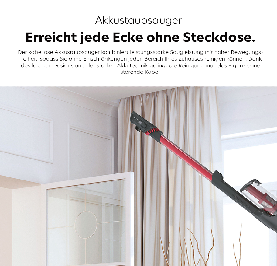 Feature-Banner, Staubsauger in oberer Ecke eines Raumes, entfernt Staub