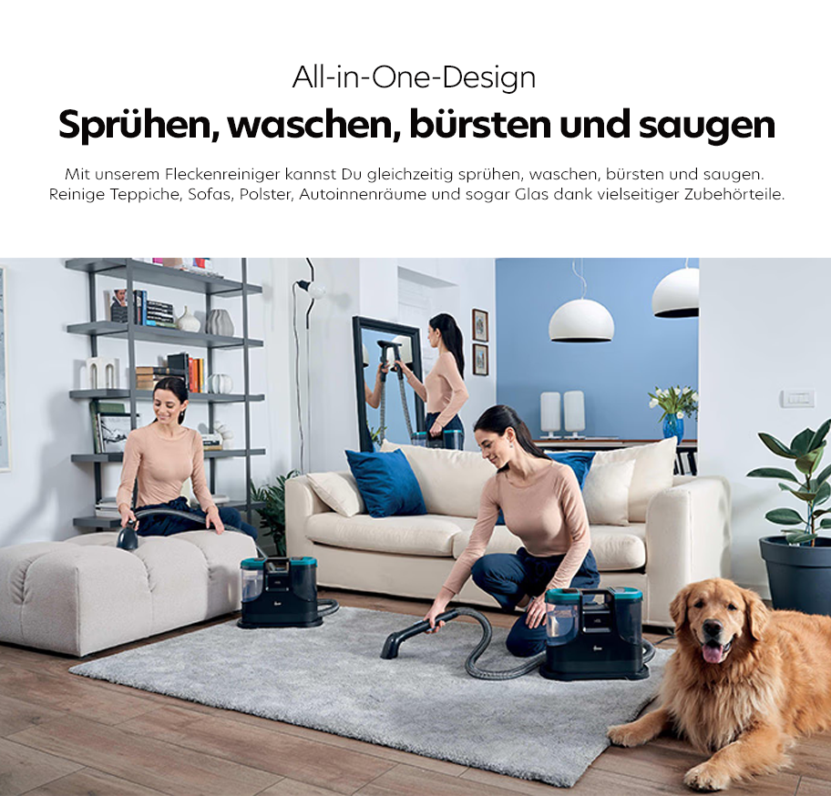 Feature-Banner, Drei Frauen bedienen verschiedene Funktionen eines All-in-One-Fleckenreinigers im Wohnzimmer, ein Hund liegt auf dem Teppich.'