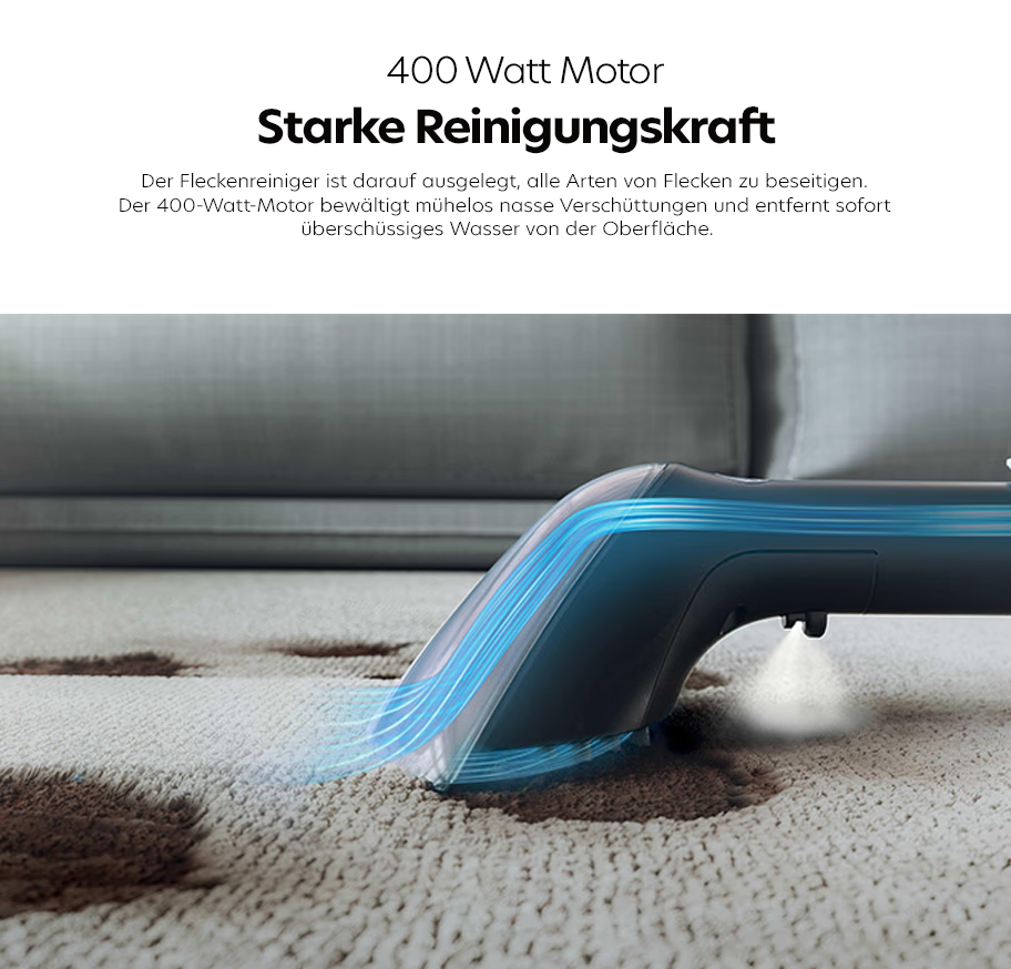 Feature-Banner, Nahaufnahme eines blauen Fleckenreinigers mit 400-Watt-Motor, der Schmutz aus einem hellen Teppich saugt.'