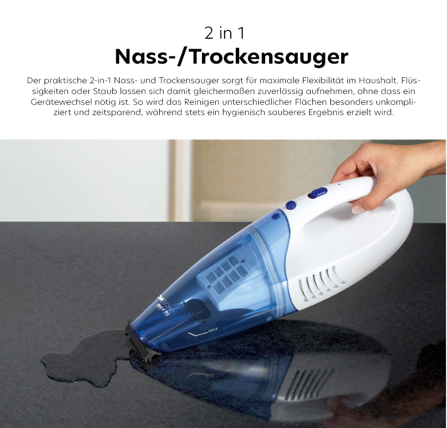 Feature-Banner, Handstaubsauger saugt auf einem Tisch Wasser auf