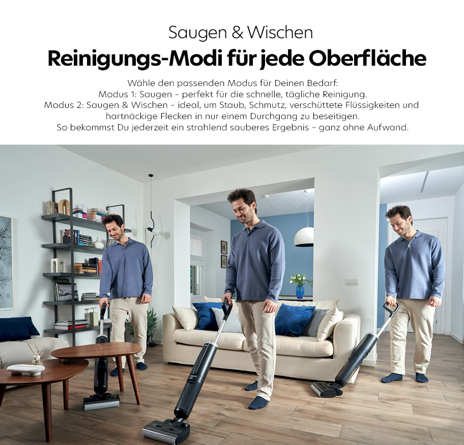 Feature-Banner, Drei Aufnahmen eines Mannes in blauem Hemd und beiger Hose, der in einem Wohnzimmer mit Holzfußboden verschiedene Reinigungsmodi eines Staubsaugers nutzt.'