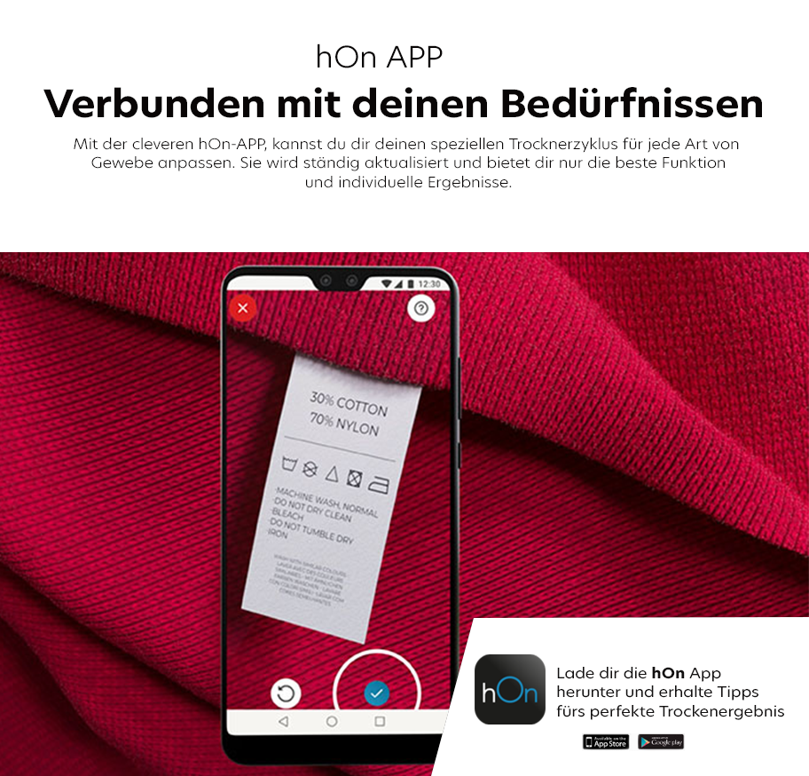 Feature-Banner, Banner für die hOn App von Hoover. Eine Person schneidet ein Pflegeetikett mit einer Schere. Text: 'Verbunden mit deinen Bedürfnissen'. Logo der hOn App unten links.'