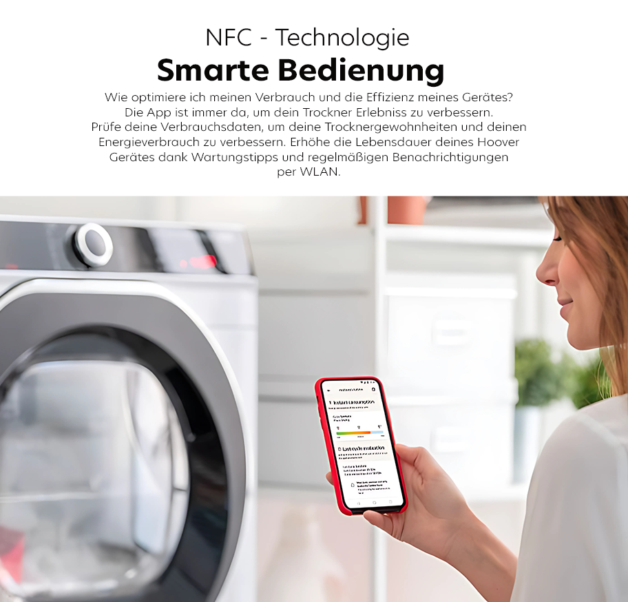 Feature-Banner, Hand hält Smartphone mit rotem Rahmen, auf dem eine App zur Optimierung des Trocknerverbrauchs angezeigt wird, neben modernem Trockner in heller Küche.'