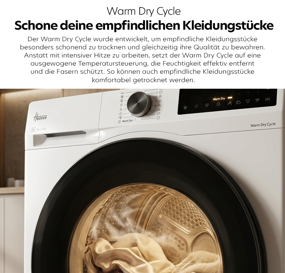 Feature-Banner, Frontansicht eines weißen Hoover-Wäschetrockners mit geöffnetem Bullauge, das helle Kleidung zeigt, und einem Drehregler sowie Display auf der Bedienblende.