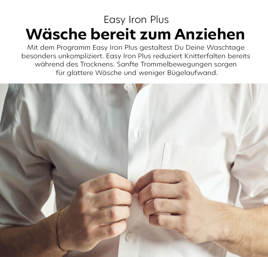 Feature-Banner, Oberkörper einer Person, die ein weißes Hemd zuknöpft, darüber Text mit Produktbeschreibung Easy Iron Plus von Hoover.