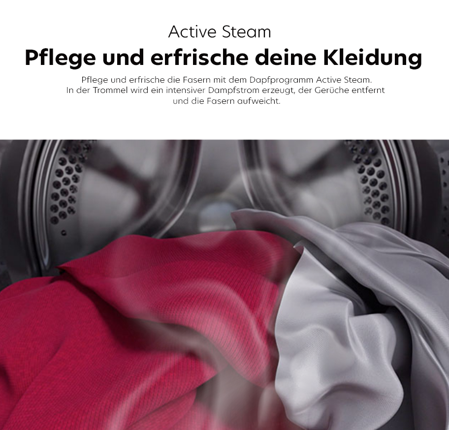 Feature-Banner,Hoover Active Steam Banner mit einem roten und einem weißen Kleidungsstück in einer Waschmaschine. Text: 'Pflege und erfrische deine Kleidung. In der Trommel wird ein intensiver Dampf erzeugt, der Gerüche entfernt und die Fasern aufweicht.'