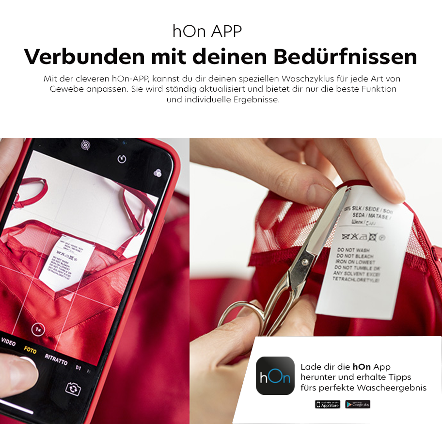 Feature-Banner,Banner für die hOn App von Hoover. Eine Person schneidet ein Pflegeetikett mit einer Schere. Text: 'Verbunden mit deinen Bedürfnissen'. Logo der hOn App unten links.'