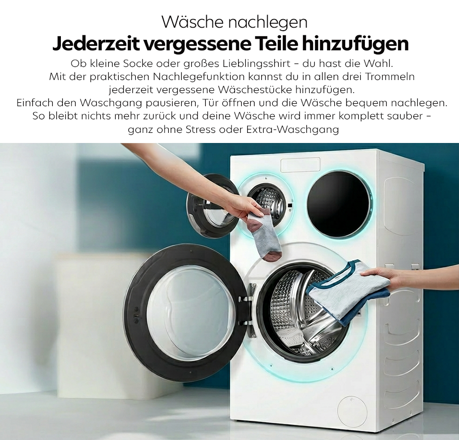 Feature-Banner, Waschmaschine mit geöffneter Tür, zwei Hände legen Wäsche nach, eine Hand hält eine Socke, die andere ein T-Shirt.'