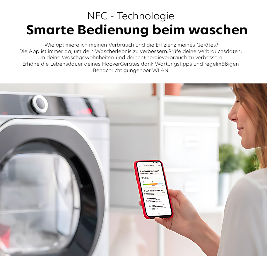 Feature-Banner, PHand hält Smartphone mit rotem Rahmen, auf dem eine App zur Optimierung des Waschmaschinenverbrauchs angezeigt wird, neben moderner Waschmaschine in heller Küche.'