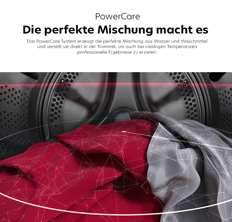 Feature-Banner, Waschmaschine mit roter und grauer Wäsche, Wasser spritzt aus der Trommel. Text: 'PowerCare Die perfekte Mischung macht es'.