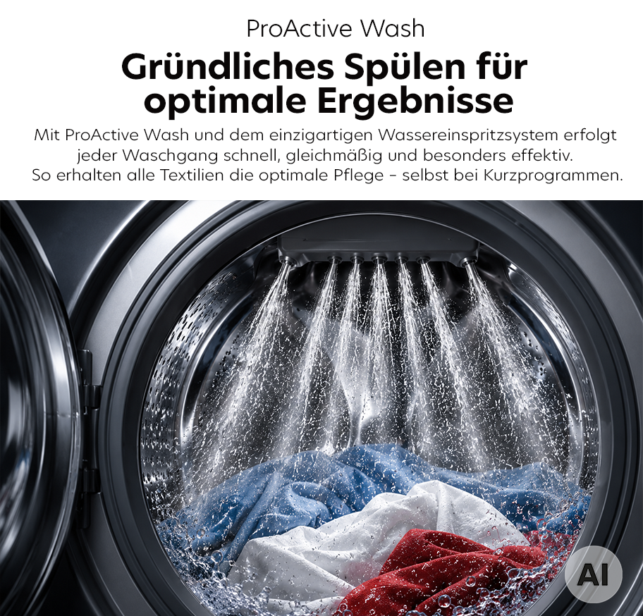 Feature-BannerVorderseite einer geöffneten Waschmaschine der Marke Hoover, Modell Pro Activ Wash. Im Inneren sind nasse Textilien in verschiedenen Farben zu sehen, die von mehreren kräftigen Wasserstrahlen aus dem oberen Bereich der Trommel besprüht werden. KI- generiert.'