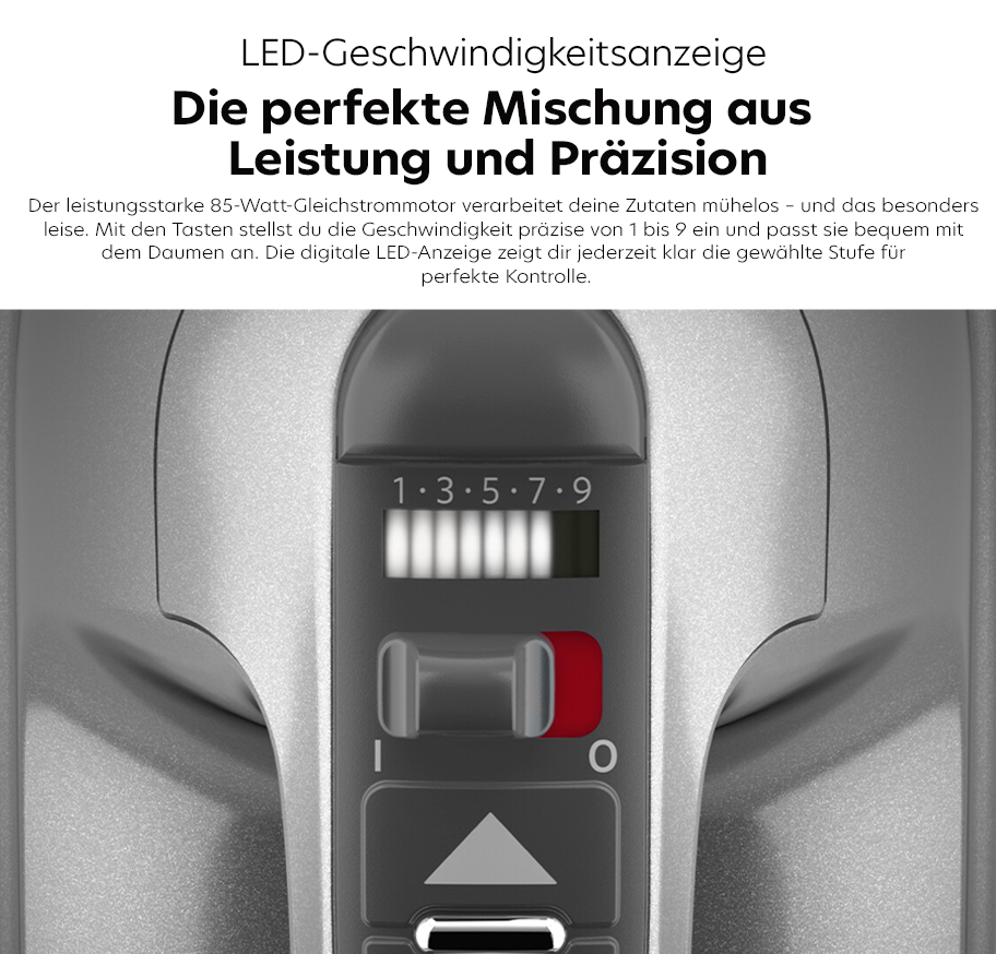 Feature-Banner, Nahaufnahme des LED-Displays und der Bedienelemente eines Handrührers mit Geschwindigkeitsstufen von 1 bis 9 und einem Schiebeschalter mit rotem Markierungsfeld.'