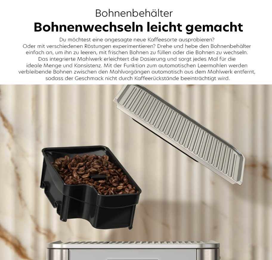 Feature-Banner, Schwarzer Bohnenbehaelter mit abnehmbarem Deckel, gefüllt mit Kaffeebohnen, auf einem silbernen Gerät. Text: 'Bohnenbehälter leicht gemacht'.