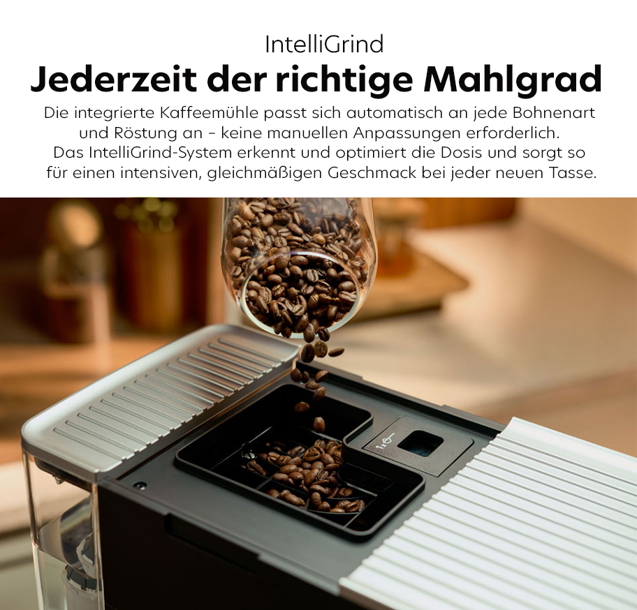 Feature-Banner, Kaffeebohnen werden in den Bohnenbehälter eines Kitchenaid Kaffeevollautomaten mit IntelliGrind-Mahlwerk geschüttet.