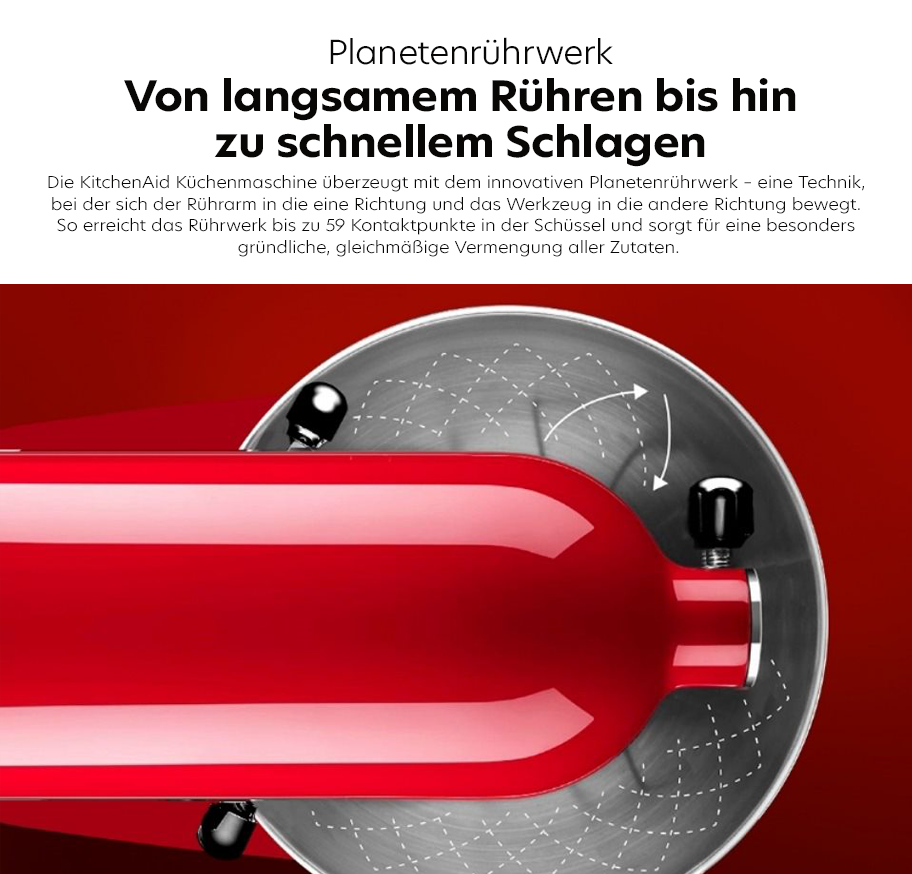 Feature-Banner,Küchenmaschine von KitchenAid in Rot mit Planetenrührwerk. Text: 'Von langsamem Rühren bis hin zu schnellem Schlagen'.