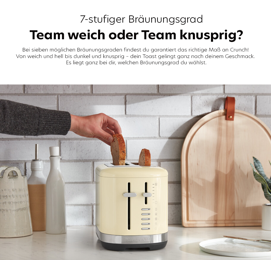 Feature-Banner, Hand steckt Toastscheibe in cremefarbenen 7-stufigen Bräunungsgrad-Toaster auf Küchenarbeitsplatte mit weißen Fliesen im Hintergrund.'
