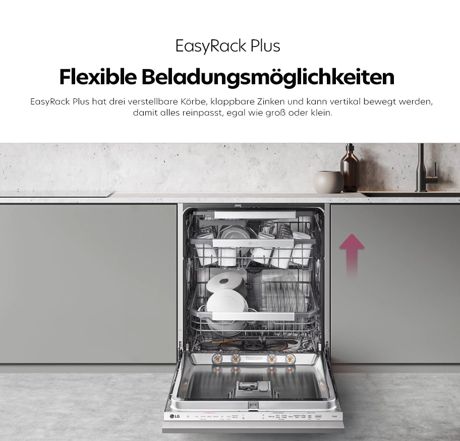 Feature-Banner, Geöffneter Geschirrspüler mit drei verstellbaren Körben und klappbaren Zinken, teilweise beladen mit Geschirr, daneben ein roter Pfeil nach oben..'