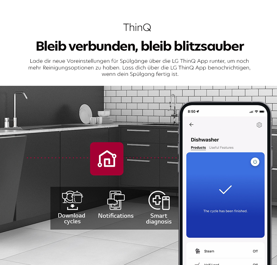 Feature-Banner, Moderne Küche mit schwarzem Geschirrspüler, Smartphone zeigt LG ThinQ App mit Status 'The cycle has been finished', Symbole für Download, Benachrichtigungen und Smart-Diagnose.'