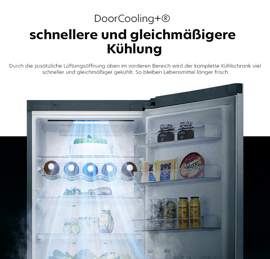 Feature-Banner für Offener LG Kühlschrank mit DoorCooling+ Funktion, die schnellere und gleichmäßigere Kühlung durch zusätzliche Lüftungsöffnung oben zeigt