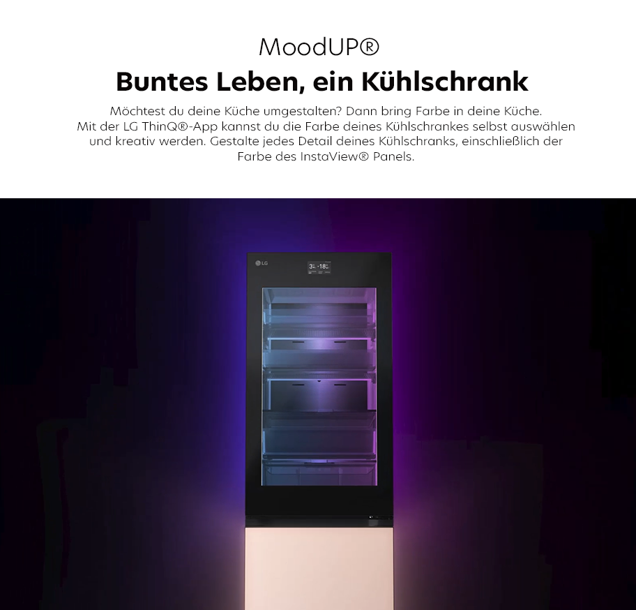 Feature-Banner für LG MoodUP Kühlschrank mit anpassbarer Farbe durch LG ThinQ App, zeigt leuchtende blaue und violette Farbakzente