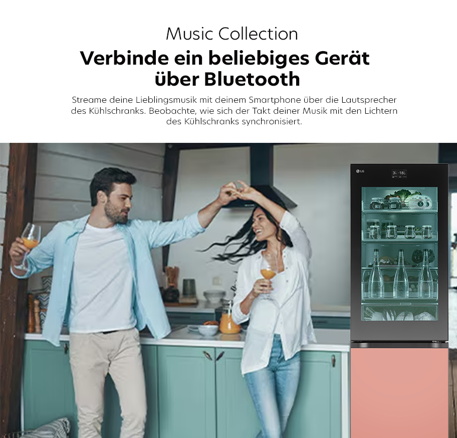 Feature-Banner für LG Zwei Personen tanzen in einer modernen Küche neben einem LG Kühlschrank mit Glastür, der Musik über Bluetooth abspielt und dessen Lichter im Takt der Musik leuchten.