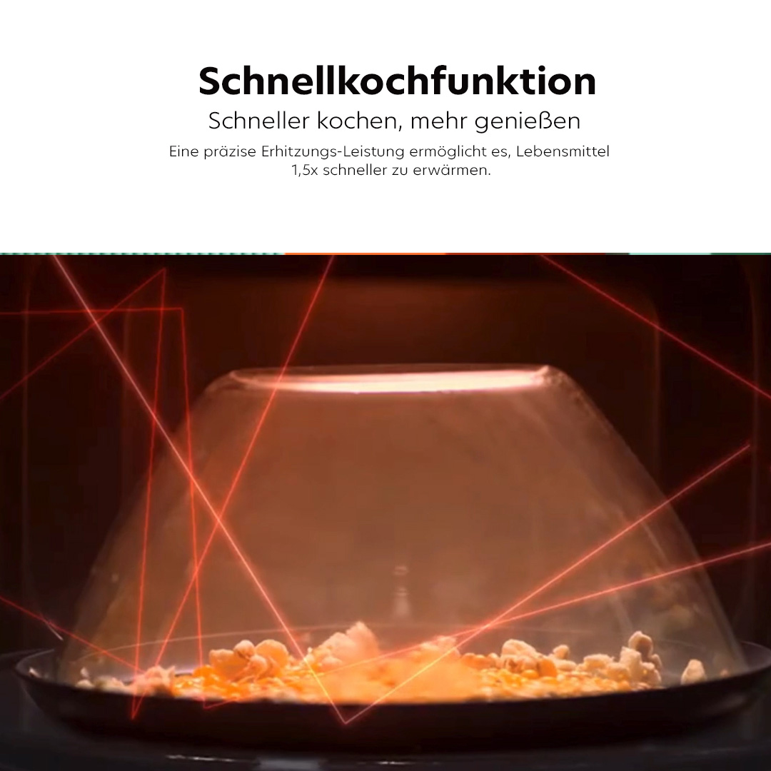 Feature-Banner, Mikrowelle mit schnellkochfunktion, Lebensmittel in einer durchsichtigen Schüssel, rote Linien im Hintergrund. Text: 'Schnellkochfunktion Schneller kochen, mehr genießen.'