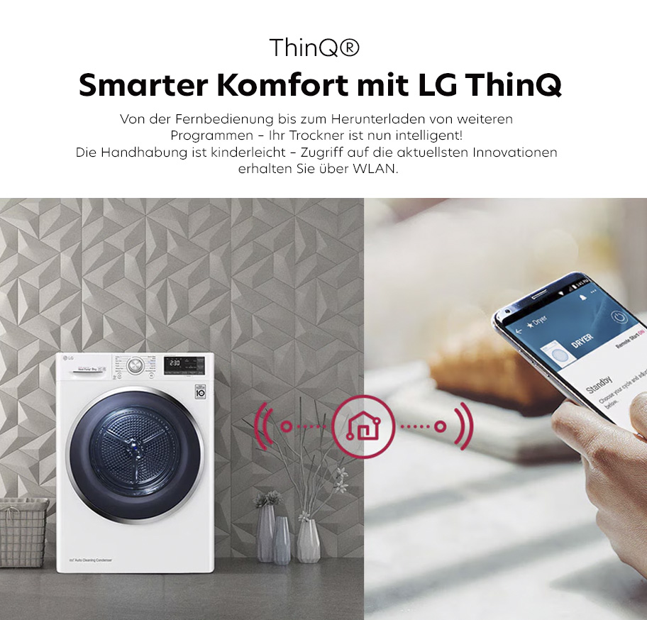 Feature-Banner, Weißer LG ThinQ Trockner vor grauer Wand mit geometrischem Muster, daneben Hand mit Smartphone, das LG ThinQ App zeigt, verbunden durch WLAN-Symbol.