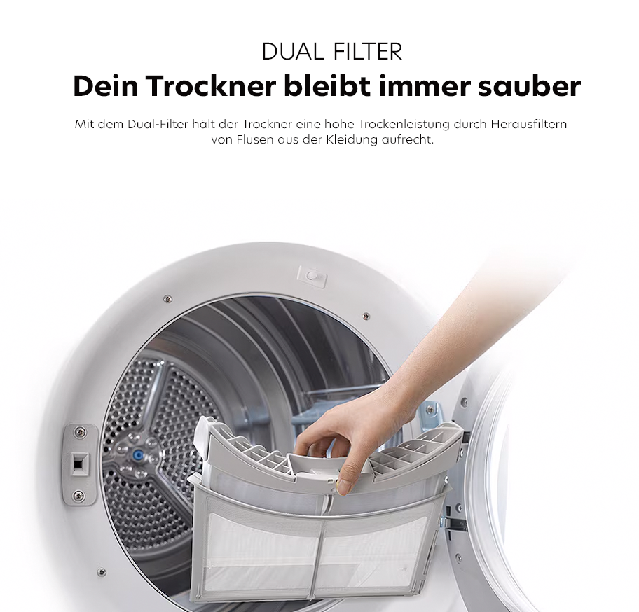 Feature-Banner, Hand entnimmt rechteckigen Dual-Filter mit Gitterstruktur aus offenem Wäschetrockner mit runder Tür.