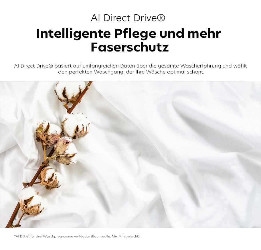 Feature-Banner, für AI Direct Drive® mit dem Text 'Intelligente Pflege und mehr Faserschutz'. Unten sind Baumwollzweige auf einem weißen Stoff sichtbar.'