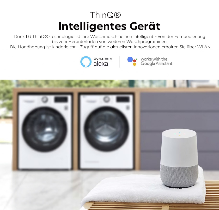 Feature-Banner,  LG ThinQ Waschmaschine mit Frontlader, daneben eine Person, die ein Smartphone hält. Text: 'ThinQ® Intelligentes Gerät.'