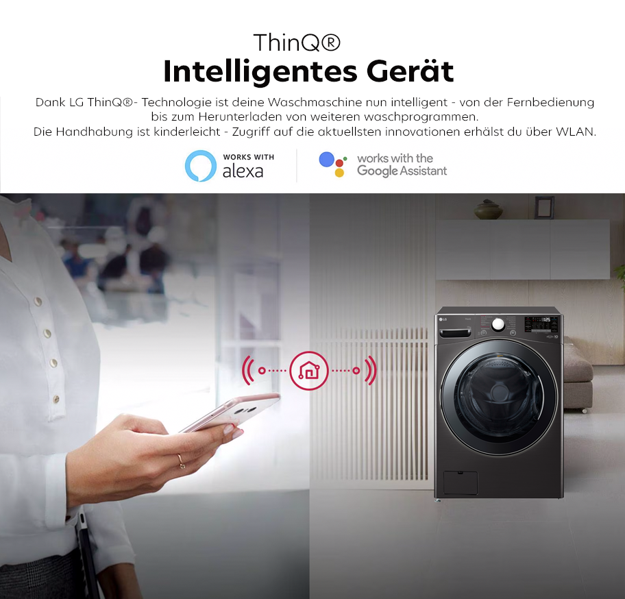 Feature-Banner, Schwarze LG ThinQ  Waschtrockner Frontlader, daneben eine Person, die ein Smartphone hält. Text: 'ThinQ® Intelligentes Gerät.'