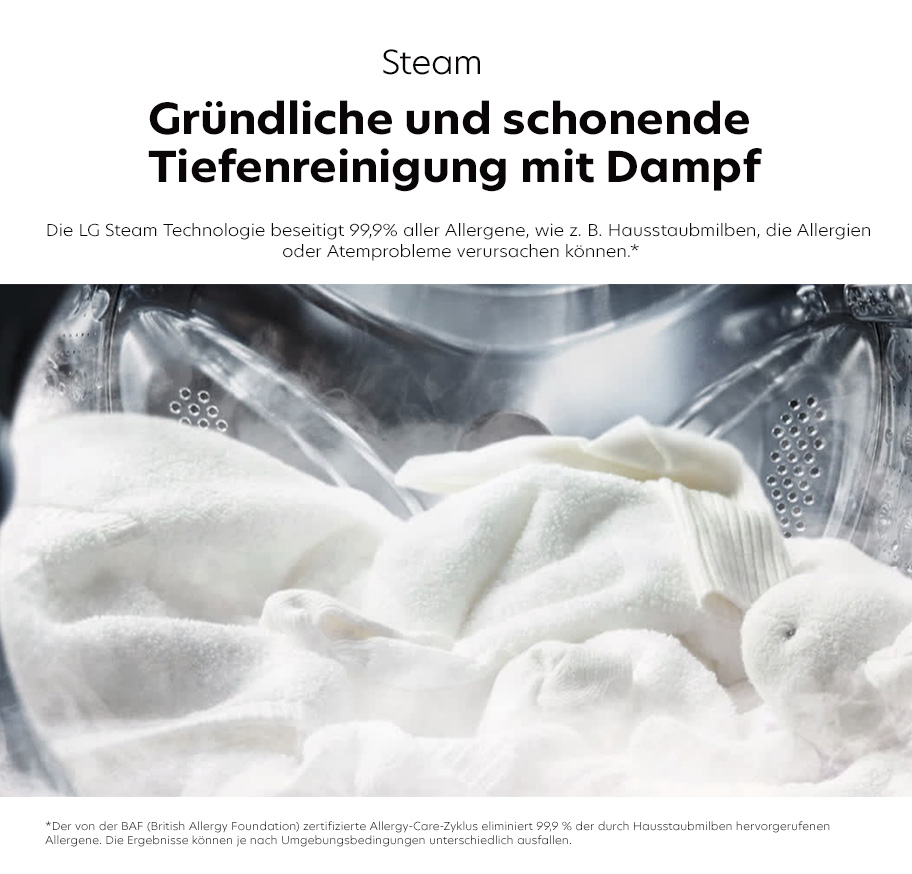 Feature-Banner, mit Text 'Gründliche und schonende Tiefenreinigung mit Dampf'. LG Steam Technologie entfernt 99,9% aller Allergene, wie z.B. Hausstaubmilben.'