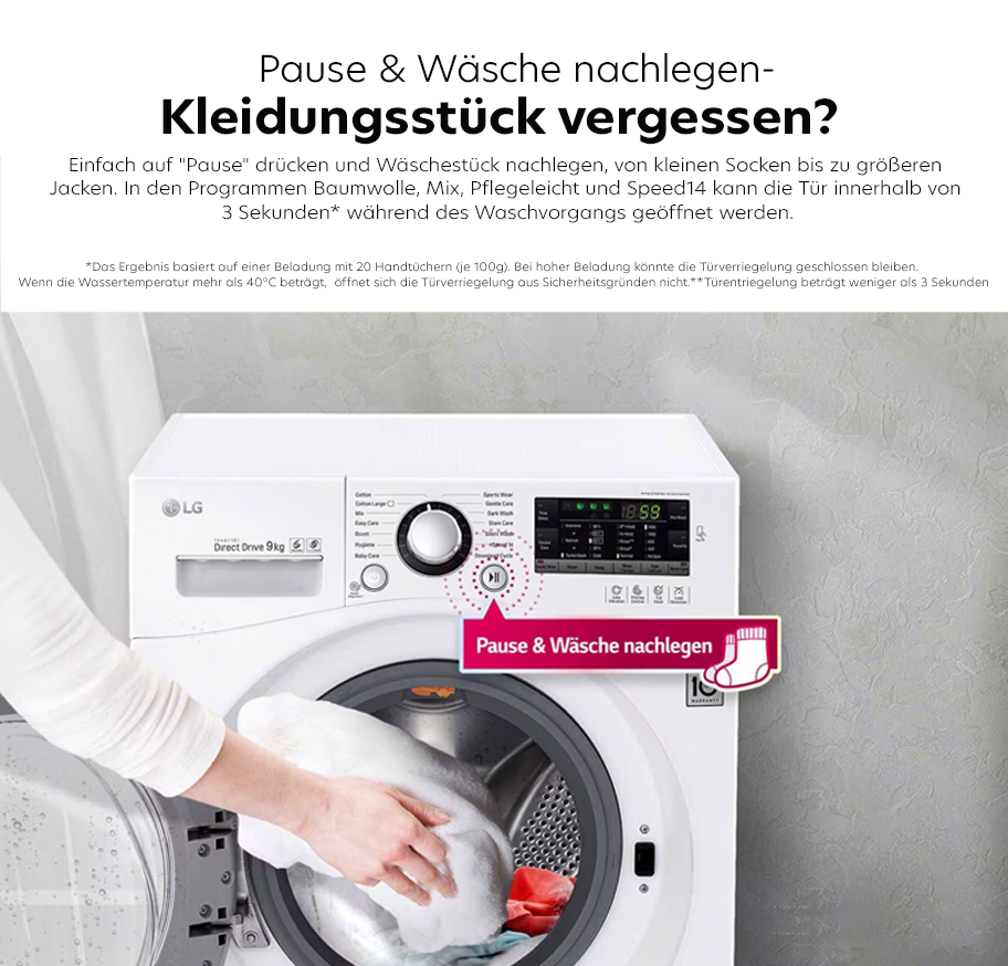 Feature-Banner, LG Waschmaschine mit Bedienelementen und Anzeige. Text: 'Pause & Wäsche nachlegen - Kleidungsstück vergessen?'. Hinweis zur Funktionalität.'