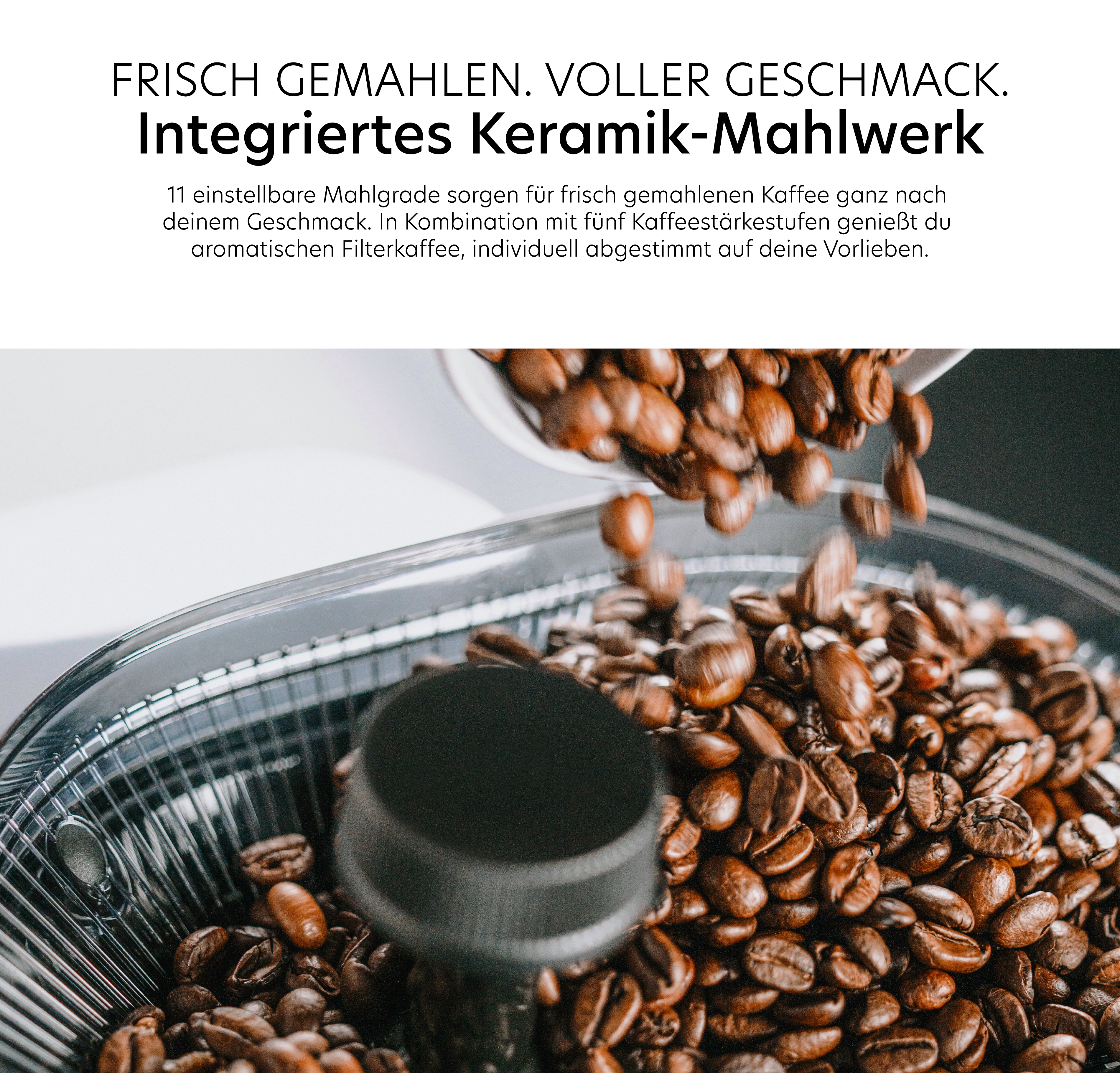 Feature-Banner, Nahaufnahme von Kaffeebohnen, die in ein integriertes Keramik-Mahlwerk fallen.