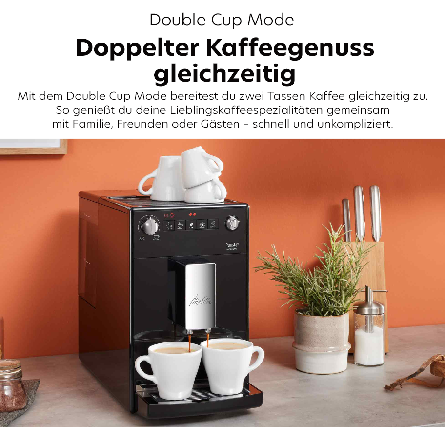 Feature-Banner, Kaffeetasse unter Kaffeevollautomaten mit Smartphone daneben, das die Melitta Connect App zeigt.'