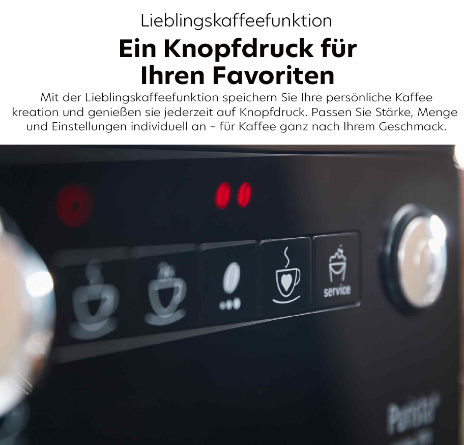 Feature-Banner, Kaffeevollautomat mit Milchaufschäumer und zwei Latte Macchiato Gläsern, die von zwei Personen gehalten werden.'