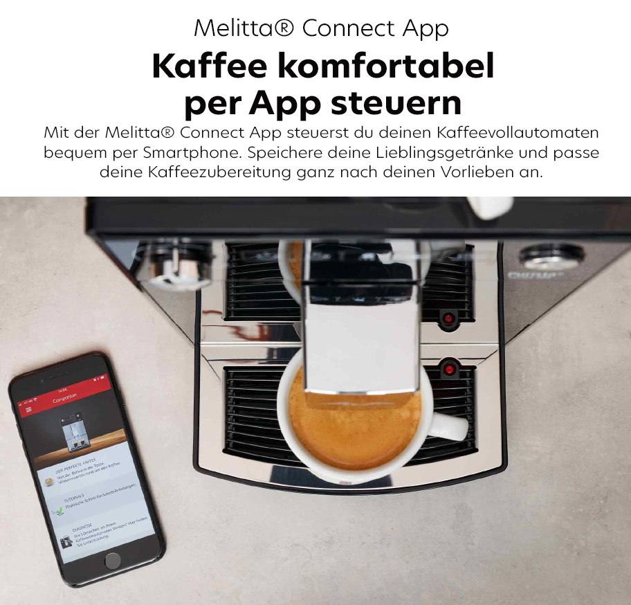 Feature-Banner, Kaffeetasse unter Kaffeevollautomaten mit Smartphone daneben, das die Melitta Connect App zeigt.'