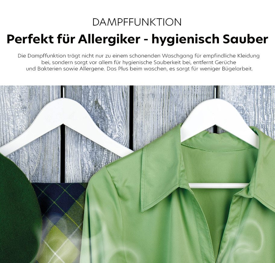 Feature-Banner, Text auf einem weißen Hintergrund: 'DAMPFFUNKTION Perfekt für Allergiker - hygienisch Sauber Die Dampffunktion trägt nicht nur zu einer schonenden Wäsche bei, sondern sorgt vor allem für hygienische Sauberkeit bei, entfernt Gerüche und Bakterien sowie Allergene. Das Plus beim Waschen, es sorgt für weniger Bügelarbeit.'