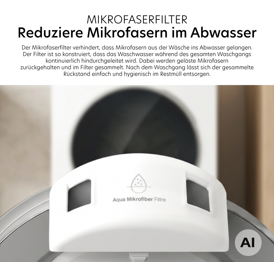 Feature-Banner, Waschmaschine mit Mikrofaserfilter von Moctor, Text 'Mikrofaserfilter' und 'Reduziere Mikroplastik im Abwasser'.'