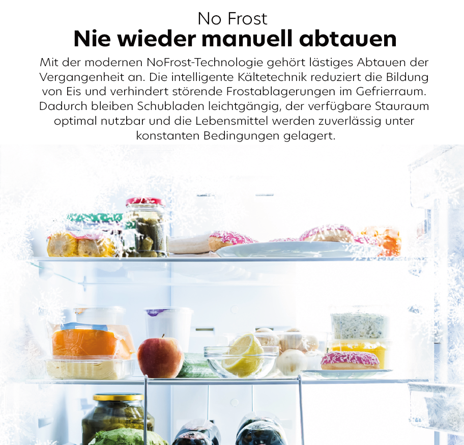 Feature-Banner,Innenansicht eines Gefrierschranks mit mehreren transparenten Schubladen, gefüllt mit verschiedenen Lebensmitteln wie Obst, Gemüse und Gläsern, umgeben von frostfreiem Gefrierraum.'