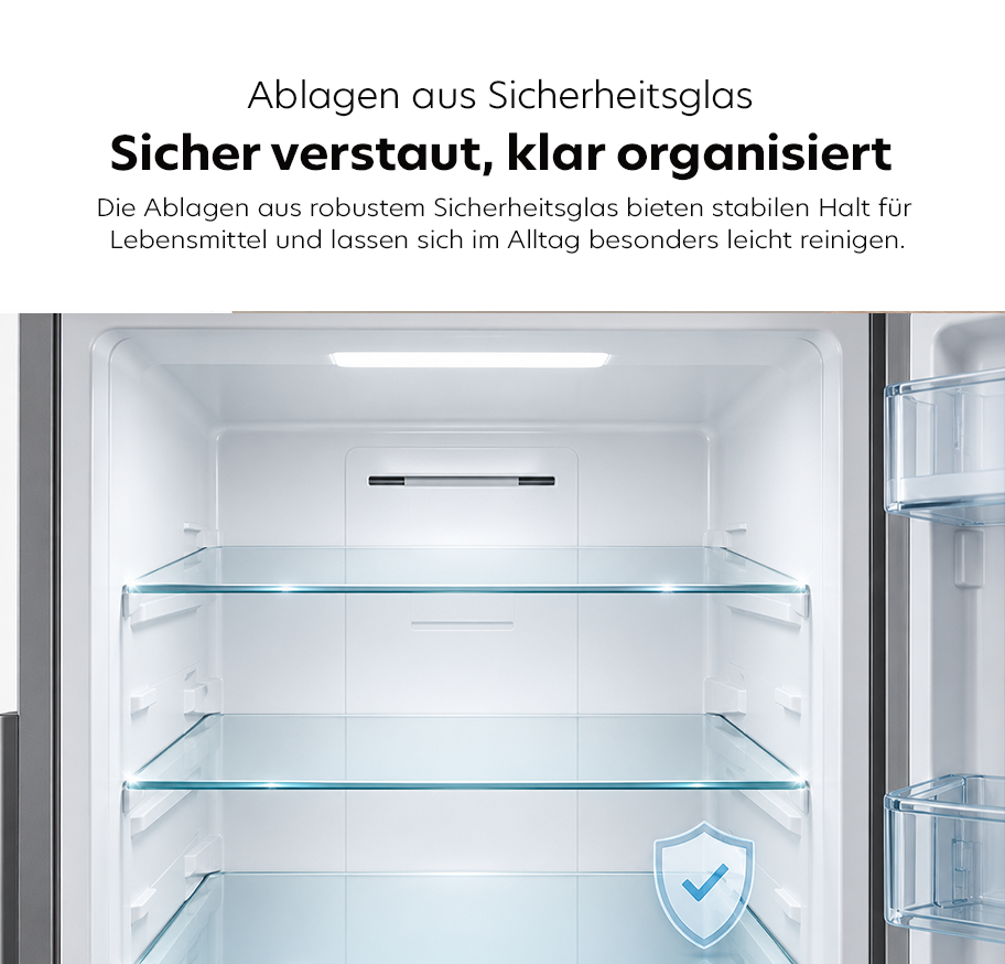 Feature-Banner,Innenansicht eines Kühlschranks mit mehreren klaren Sicherheitsglasablagen und Türfächern aus transparentem Kunststoff.'